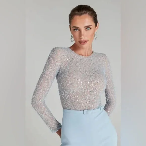 NADINE MERABI Sky Blue Embellished Jumpsuit - Picture 3 of 9